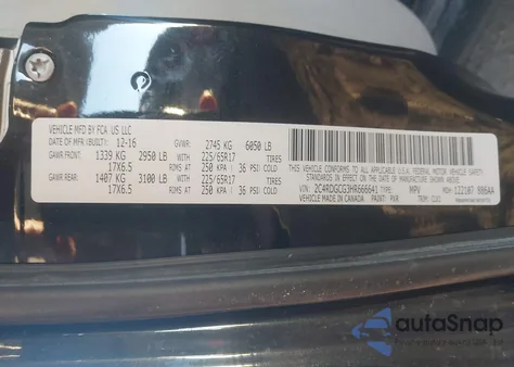 2017 Dodge Grand Caravan Sxt z USA, uszkodzony, nr VIN 2C4RDGCG3HR666641